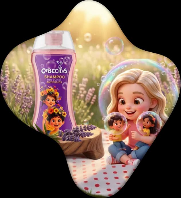 Shampoo Cabecitas junto a una ilustración familiar en un campo de lavanda